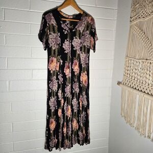 Vtg 90s Starina Floral Maxi Dress Large Black Rayon Fairy Grunge Whimsigoth Boho